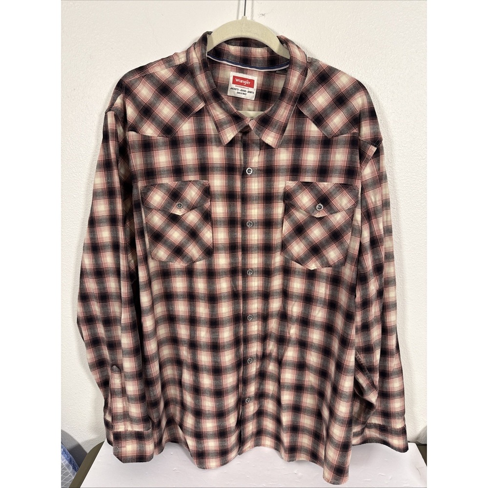 Wrangler Shirt‎ Mens 3XL Brown Plaid Cotton/Poly L/S Button Up Work Casual L1